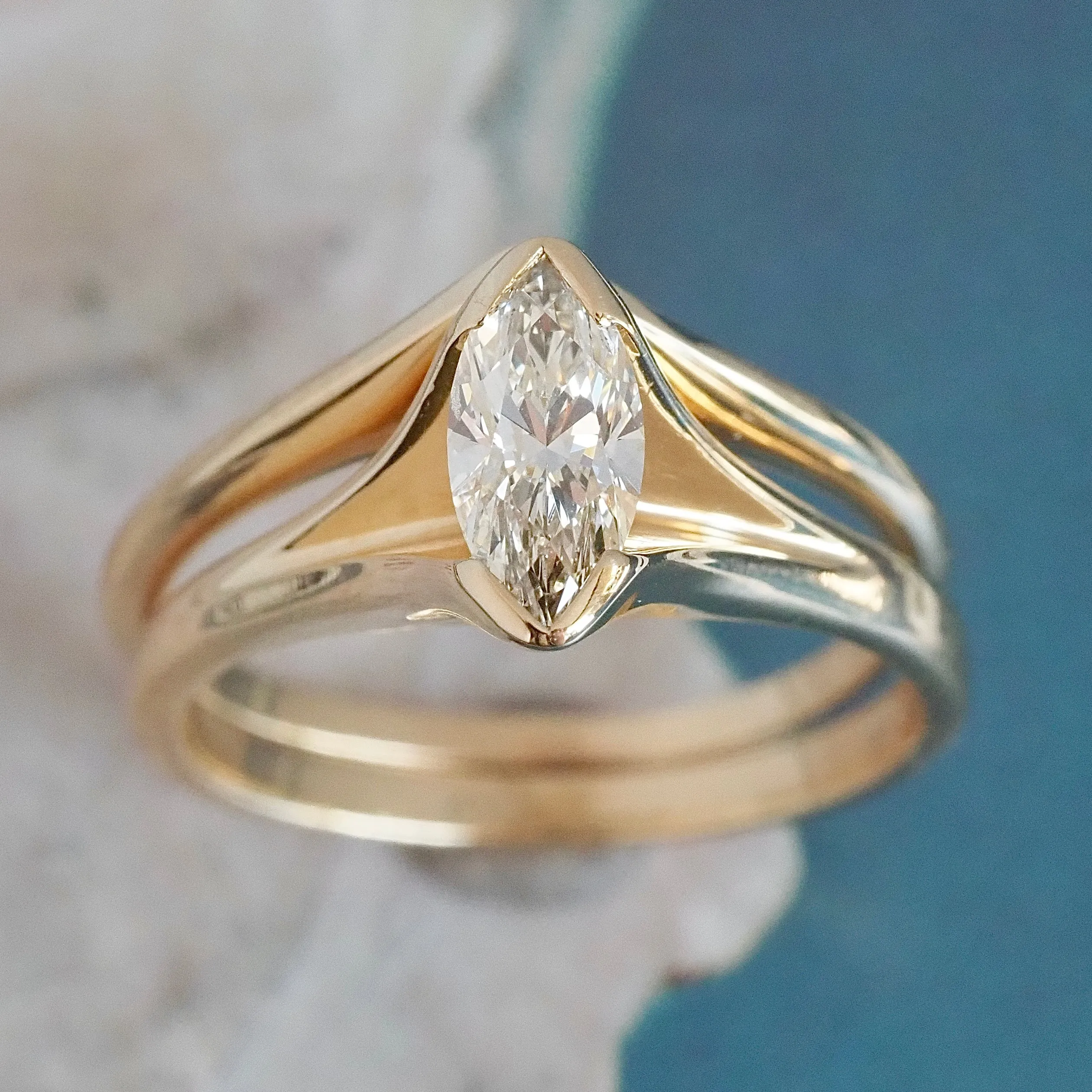 Vintage Marquise Cut Diamond 14k Gold Engagement Ring Set