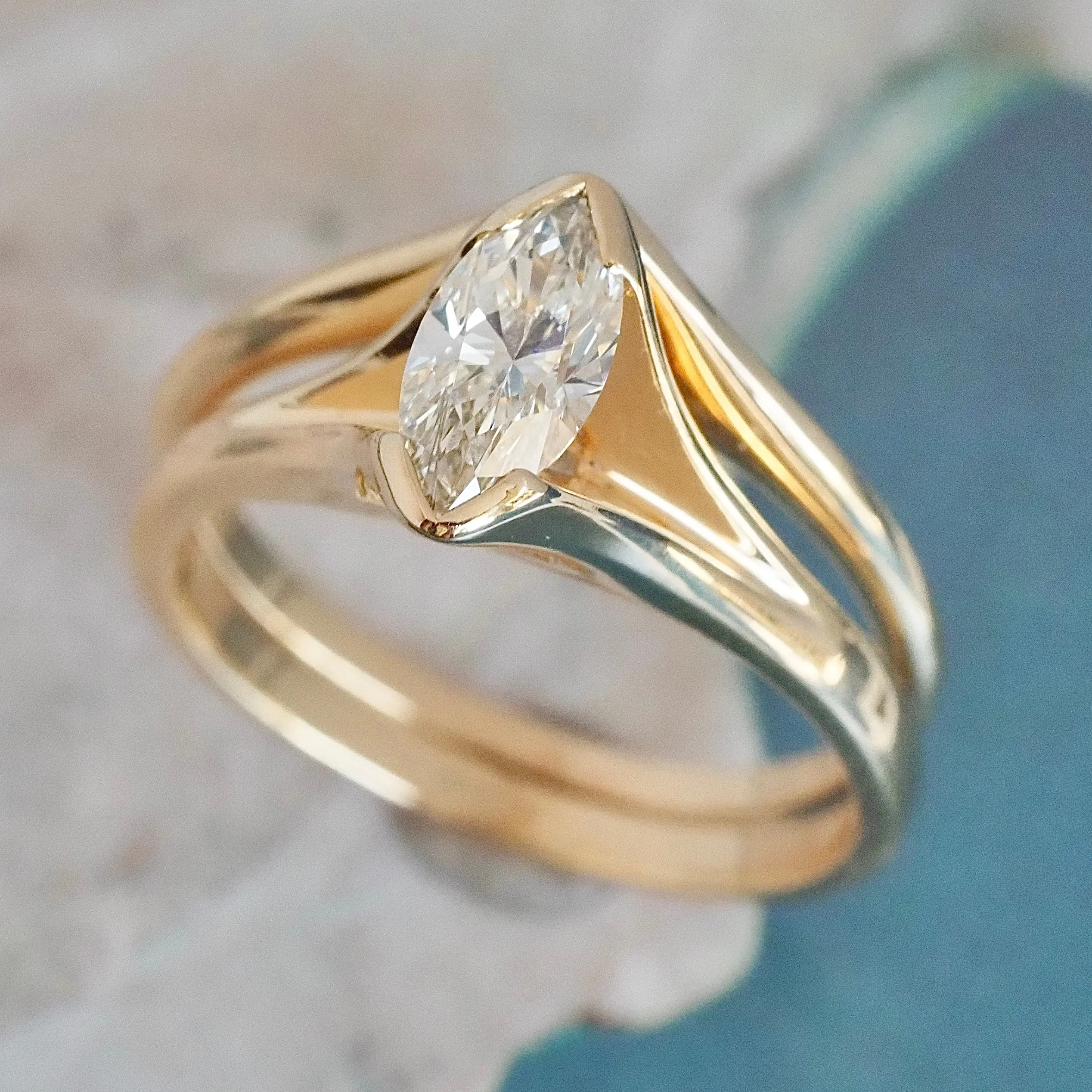 Vintage Marquise Cut Diamond 14k Gold Engagement Ring Set