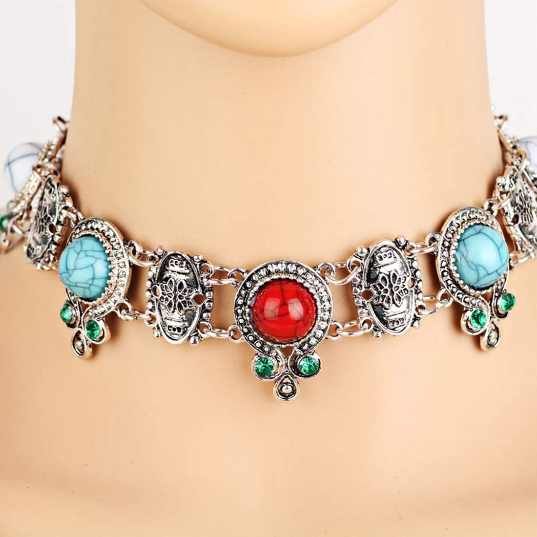 Yellow Chimes Oxidized Silver Boho Geometric Turquoise Beads Vintage Modern Ethnic Style Collar Choker Necklace For Women And Girl's